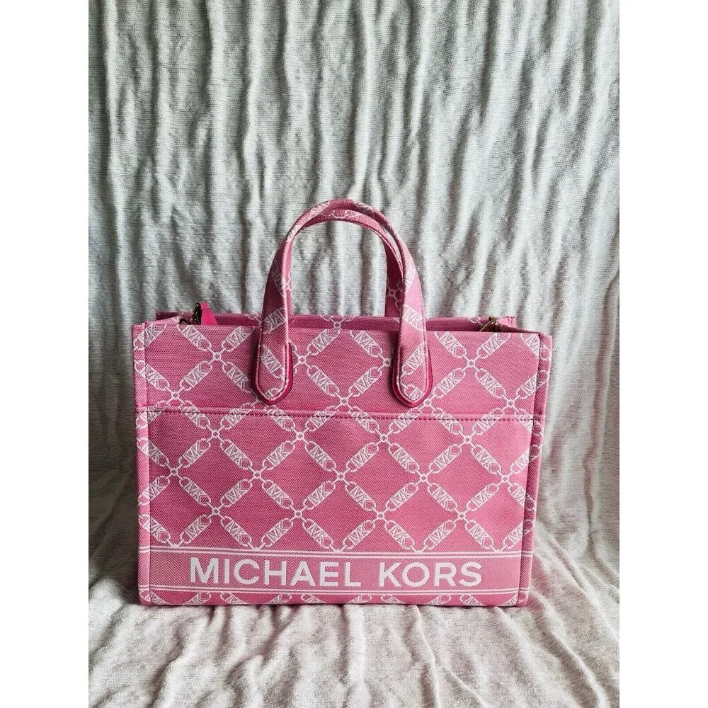 NWT Michael Kors Camilla Rose Gigi Large Logo Chain Jacquard Grab Tote Bag - Picture 6 of 11